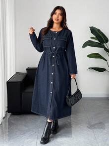 Dazy Plus Plus Size Dark Washed Blue Long Sleeve Cinched Waist Slim Fit Long Denim Dress, Autumn