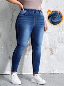 EMERY ROSE Winter Plus Size Casual Washed Elastic Waist Slim Fit Jeans - Dark Wash - View 1