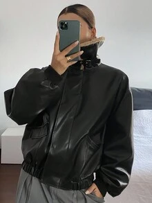 DAZY 女士宽松商务休闲 PU 皮夹克，仿毛领，色块，大口袋，时尚办公室、街头、户外穿着，秋冬 - 黑色 - 查看 1