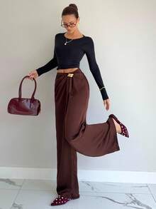 Siren Gaze Pantalones de oficina de moda para mujer con decoración de metal - Marrón - Ver 4