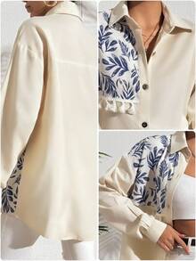 ZIRRA Women's Fall Holiday Plant Print Dropped Shoulder Long Sleeve Tassel Loose Shirt