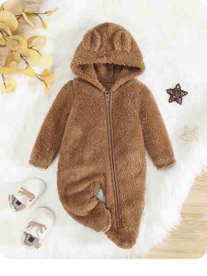 SHEIN Newborn Baby Boy 3D Ear Design Hooded Zipper Flannel Sleep Autumn Jumpsuit Neutral