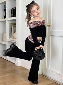 2pcs Young Girl Solid Color Patchwork Leopard Print Casual T-Shirt And Flare Pants Set,SHEIN Serisse Kids Tween Girls Color Block Leopard Print Off Shoulder Long Sleeve Crop Top And Flared Pants 2 Pieces Set, Fashion Outfit, Suitable For Daily Wear, Back To School,Mon And Daughter Matching,Sister And Me