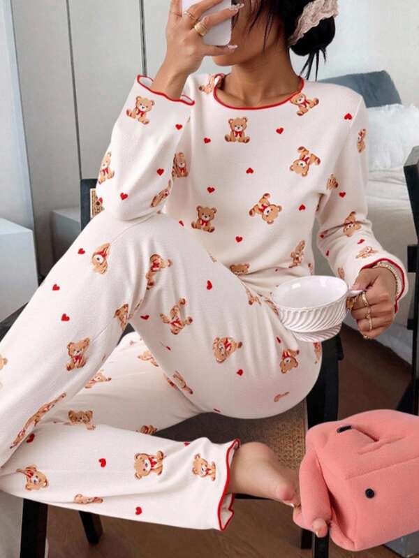 Genkimix Kids Tween Girls Pajama Set, White Base With Cute Cartoon Bear Print + Contrast Red Heart, Long Sleeve Top And Pants, Casual Loungewear Fall Winter Bear Pajamas Cute Pajamas