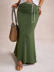 Freevana 大码优雅浪漫复古 A 字形针织长裙，适合派对和聚会，秋冬季 - 橄欖綠 - 查看 4