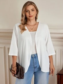 Rosumi 大码女式中长袖白色提花纹理开衫沙滩度假夹克女式春季服装女式夏季服装秋冬 - 白色 - 查看 6