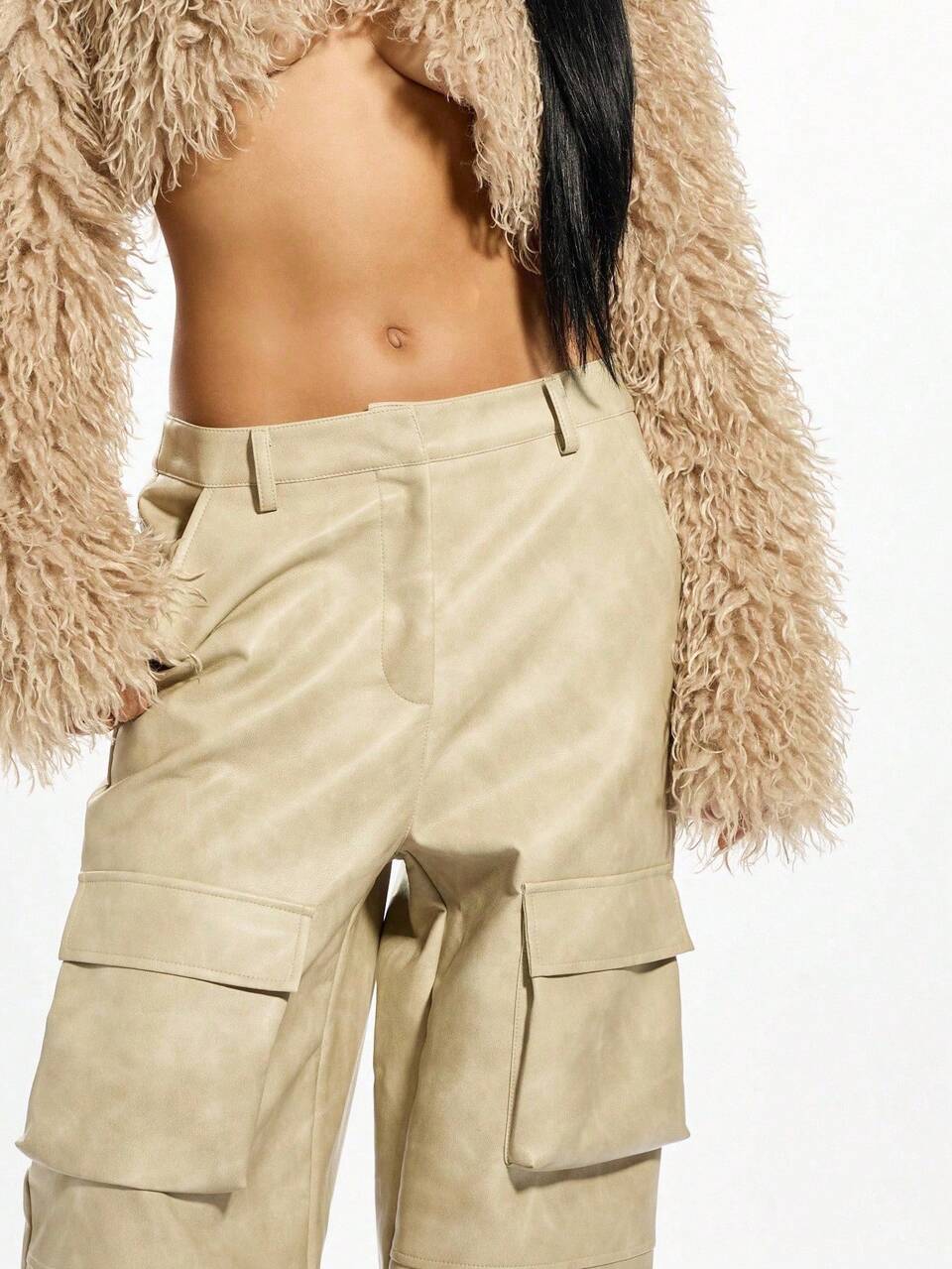 SUMWON WOMEN Faux Leather Wide Leg Cargo Pants With Pockets