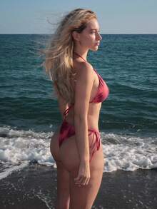Turnttoni 2026 Spring/Summer New Random Red Tie-Dye Print Spaghetti Strap Halter Solid Lining Sexy Side Tie Thong Bikini 2-Piece Swimsuit For Women - Multicolor - View 5