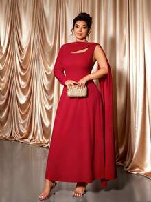 Elenzga Plus Size Women Elegant A-Line Long Sleeve Dress, Autumn/Winter - Red - View 6