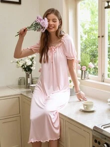 Snug Reverie Solid Color Ruffled Square Neck Loose Long Night Gown Holiday Season, Moo Moo - Pink - View 1