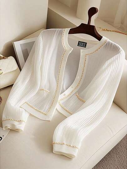 Franclia 2025 初秋新款法式褶裥女长袖金线圆领宽松薄款外套全白休闲套装春装大学秋冬女装白色上衣女装优雅女装仿珍珠装饰开衫白色开衫毛衣女装秋季服装秋季女装秋季服装秋季女装秋季套装秋季女装秋季服装优雅时尚休闲通勤商务办公日常休闲百搭气质都市教师职业装