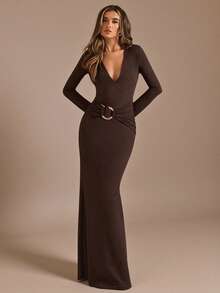 SHEIN BAE Váy dài tay màu nâu trơn cổ chữ V sâu gợi cảm mùa thu/đông ôm sát viền đuôi cá dài thêm, thích hợp cho tiệc đêm, đi chơi, váy mùa thu, tiền cũ, váy dài thêm gợi cảm cho phụ nữ tối giản, váy dự tiệc cocktail trang trọng, váy nâu, váy ngắn sinh nhật - màu nâu - Xem 7