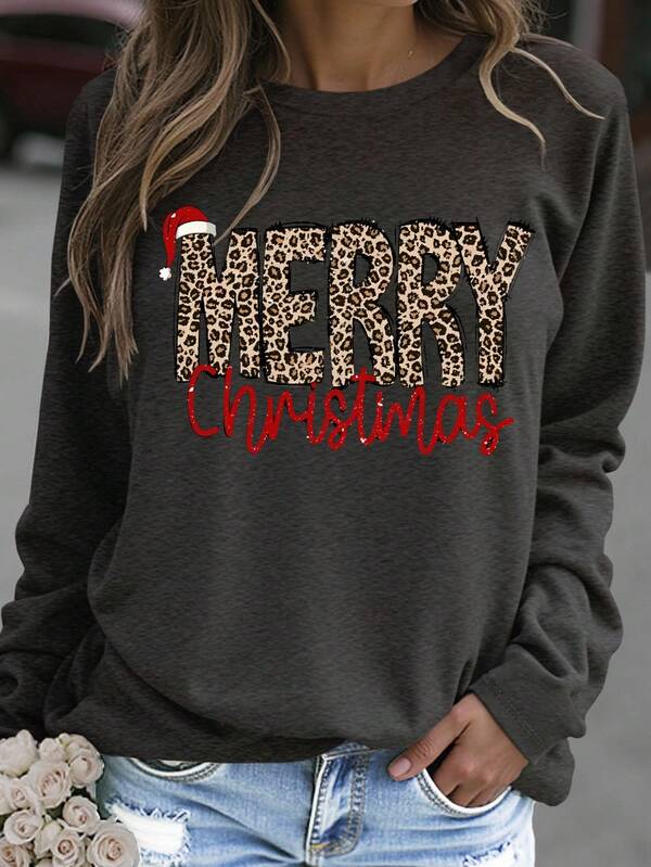 DrmWander Women's Christmas Slogan Print Crew Neck Loose Fit Long Sleeve T-Shirt