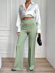 SHEIN 大码女式纯色褶裥阔腿优雅长裤 - 薄荷綠 - 查看 4