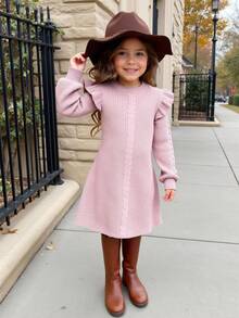 Emery Rose Kids Emery Rose Kids 年轻女孩纯色圆领荷叶边下摆休闲毛衣裙女秋冬装 - 粉色 - 查看 9
