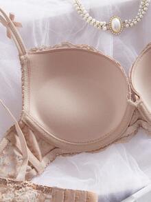 Esselle 1 件高品质蕾丝厚杯聚拢优雅钢圈女士文胸 - 杏色 - 查看 5