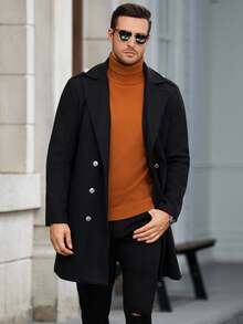 Manfinity Mode Men's Solid Color Pocket & Button Front Long Sleeve Black Overcoat, Autumn Fall Winter - Black - View 3