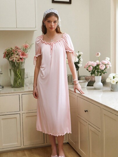 Snug Reverie Ruffled Square Neck Loose Long Night Gown Holiday Season, Moo view 5
