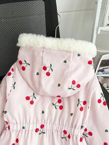 SHEIN Elladie kids 女童厚羊毛连帽夹克，人造毛领，修身款，拉链开合，适合 4-7 岁儿童，冬季外套 - 粉色 - 查看 5