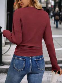 EMERY ROSE 女式纯色V领长袖褶皱休闲T恤 - 紅色 - 查看 2