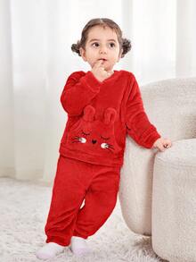 Completo da bambina con top a maniche lunghe con motivo carino e morbido e pantaloni a vita elastica, outfit rosso autunnale/invernale, abbigliamento invernale per bambine, set da 2 pezzi, abbigliamento invernale in pile - Rosso - Visualizzare 7