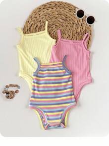 Bộ 3 món/Bộ đồ liền thân dệt kim kẻ sọc nhiều màu dễ thương cho bé gái sơ sinh, mùa hè - Nhiều màu - Xem 2