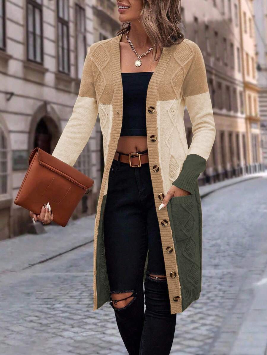 EMERY ROSE Women's Autumn Contrast Color Long Sleeve Single-Breasted Casual Knit Cardigan