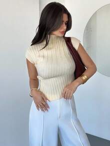 Firerie Elegant Commuter Solid Color Stand Collar Asymmetric Hem Knit Top - Light Yellow - View 6