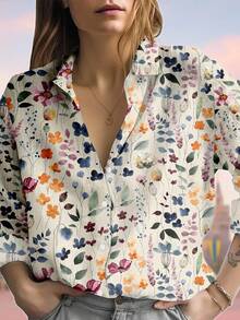 EMERY ROSE 女士休闲印花长袖翻领纽扣衬衫，适合休闲散步和造型，优雅长袖发髻，风格休闲，穿着舒适，设计新颖 - 彩色 - 查看 3