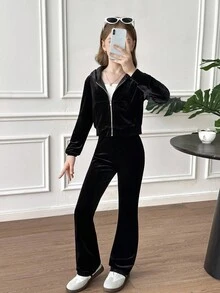 SHEIN 2 件套青少年女孩休闲时尚街头优雅假日天鹅绒水钻拉链连帽衫上衣和修身喇叭裤套装，适合圣诞节、新年派对、日常穿着 - 黑色 - 查看 5
