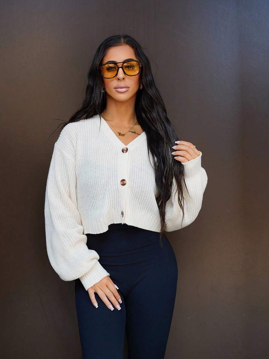 SAYEHFBABY Solid Drop Shoulder Button Up Crop Cardigan,Long Sleeve Tops,Knitted Sweater