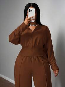 Slaydiva 秋冬新品，女士秋冬服装，万圣节，大码女士家居服套装，棕色两件套，高个两件套，保守款两件套，长袖两件套，棕色长袖套装 - 棕色 - 查看 15