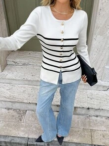 Serisse Áo khoác cardigan dệt kim dài tay kẻ sọc cài một hàng khuy kim loại thời trang thu đông cho nữ - Đen và trắng - Xem 7