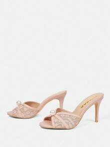 CUCCOO HITCHD Women's Round Toe Lace And Pearl High Heeled Sandals For Christmas - Baby Pink - View 8