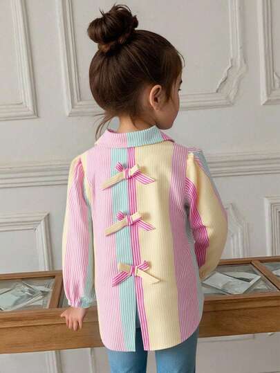 Elladie kids Toddler Girls' Casual Pink, Blue & Yellow Striped Shirt With 3D Bowknot, Long Sleeve Button Up, Suitable For Sweet Girls To Pair With Jeans In Autumn