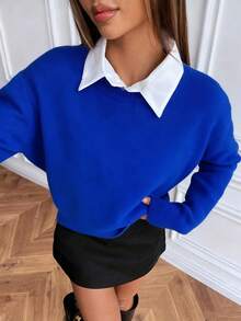 SHEIN Suéter de punto de cuello redondo de manga larga y unicolor de estilo casual - azul real - View 5