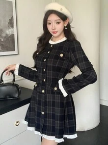 DAZY 女士优雅格子褶皱通勤连衣裙 - 藏蓝色 - 查看 9
