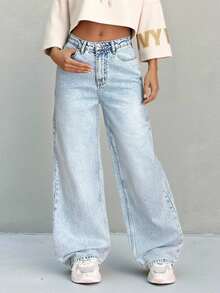 EURMUSE Jeans droits décontractés à taille basse et jambes larges avec effet délavé, bleu