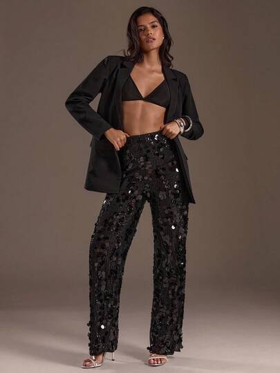 Glamine Spodnie z wysokim stanem i szerokimi, czarnymi nogawkami i cekinami na imprezę świąteczną, kostiumy dla dorosłych, eleganckie stroje dla kobiet, spodnie z szerokimi nogawkami na randkę, eleganckie spodnie damskie z cekinami