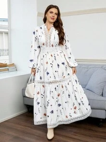 SHEIN LUNE 加大码优雅花卉印花长裙，适合通勤 - 白色 - 查看 4