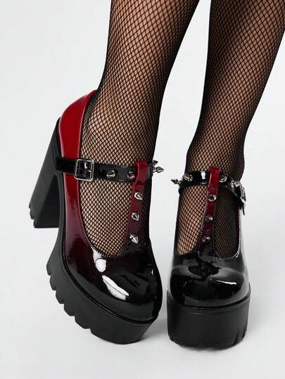 ROMWE Goth Women's Vintage Black-Red Ombre Thick Platform Chunky Heel Pumps, Spring/Autumn Fashion Dual-Color Metal Studded T-Strap Buckle High Heel Low Vamp Pumps For Christmas Y2K 2000s Style