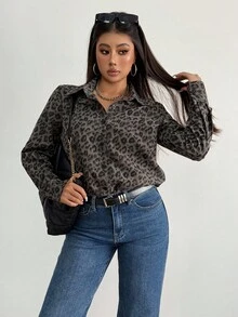 Aidyla Women's Leopard Print Long Sleeve Turndown Collar Button-Up Casual Blouse, Loose Fit For Outings And Dates Cheetah Print Women - Army Green - View 8