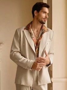 HIMLAND Men's Solid Color Double-Breasted Elegant Long Sleeve Blazer, For Fall Winter - Apricot - View 4