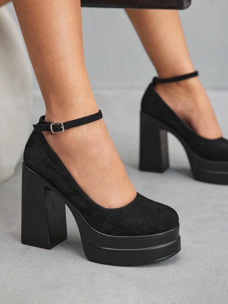 CUCCOO SZL Women's Round Toe High Block Heel Thick Sole Black Ankle Strap Pumps, Fashionable Sexy Comfortable Casual Commuter Shoes For Christmas Spring Shoes