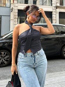 NegzBox ملابس علوية نسائي ضيق بياقة مخططة وظهر مقطوع عند الرقبة، موديل صيفي عصري - أزرق بحري - مشاهدة 6