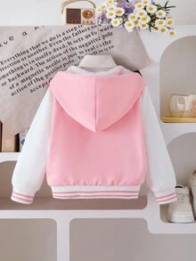 SHEIN 女童粉色长袖连帽蓝色兔子印花可爱仿毛皮内衬外套，儿童秋冬季外套 - 粉色 - 查看 2