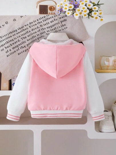 SHEIN 女童粉色长袖连帽蓝色兔子印花可爱仿毛皮内衬外套，儿童秋冬季外套