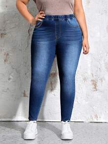 EMERY ROSE Winter Plus Size Casual Washed Elastic Waist Slim Fit Jeans - Dark Wash - View 4