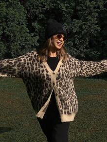 DAZY Women's Leopard Print Loose V-Neck Casual Street Style Knit Cardigan, Autumn/Winter - Brown - View 3