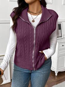 EMERY ROSE Áo vest dệt kim cổ tròn màu trơn cỡ lớn cho nữ, kiểu dáng đại học, có khóa kéo phía trước, thu/đông - Màu tím - Xem 3